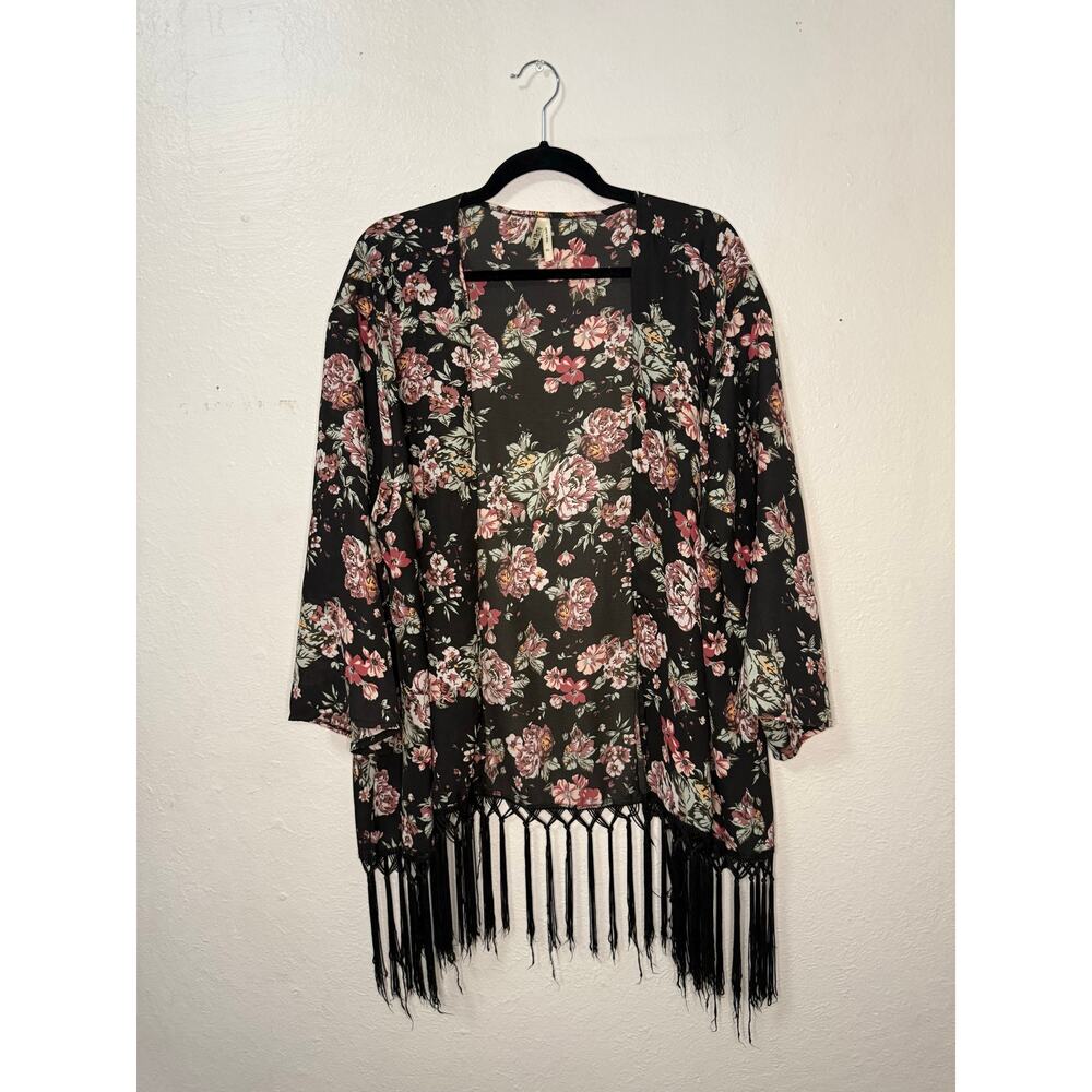 Live 4 Truth Women’s XL Floral Fringed Black Kimono Lightweight Boho Festival